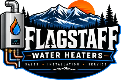 Flagstaff Water Heaters — badge logo with the San Francisco Peaks at sunset